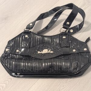 Patent Pleated Shoulder Bag in Black with Gold Accents